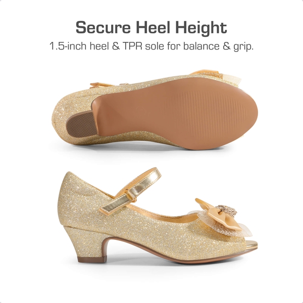 Girls' Bow Flower Low Heel Dress Shoes  - GOLD-GLITTER - 1